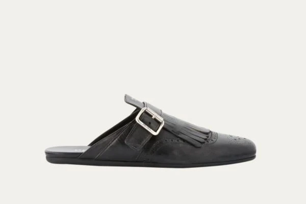 Prada Vitello Leather Fringe Shuffle Mule Loafers